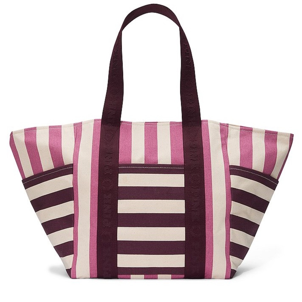 NWT PINK Victoria’s Secret Striped Large Canvas Tote Bag, Fuchsia Pink / Maroon